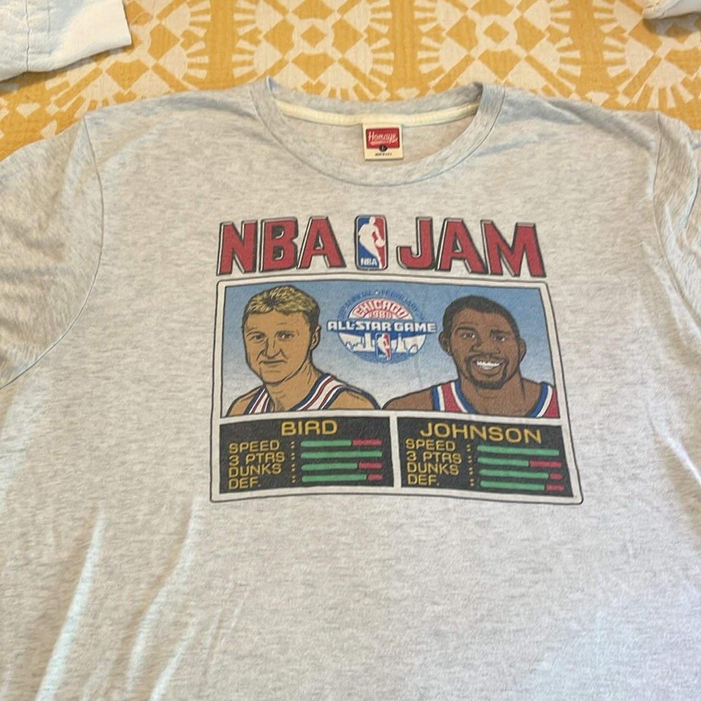 NBA JAM Retro Larry Bird Magic Johnson Graphic Short Sleeve Tee Shirt Size Large